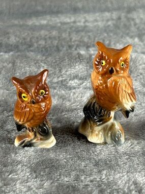 Vintage Miniature Owl Figurines Bone China Pair Of 2 Brown Hand Painted EUC